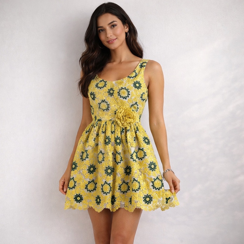 Minuet Petite Yellow Floral Lace Mini Dress